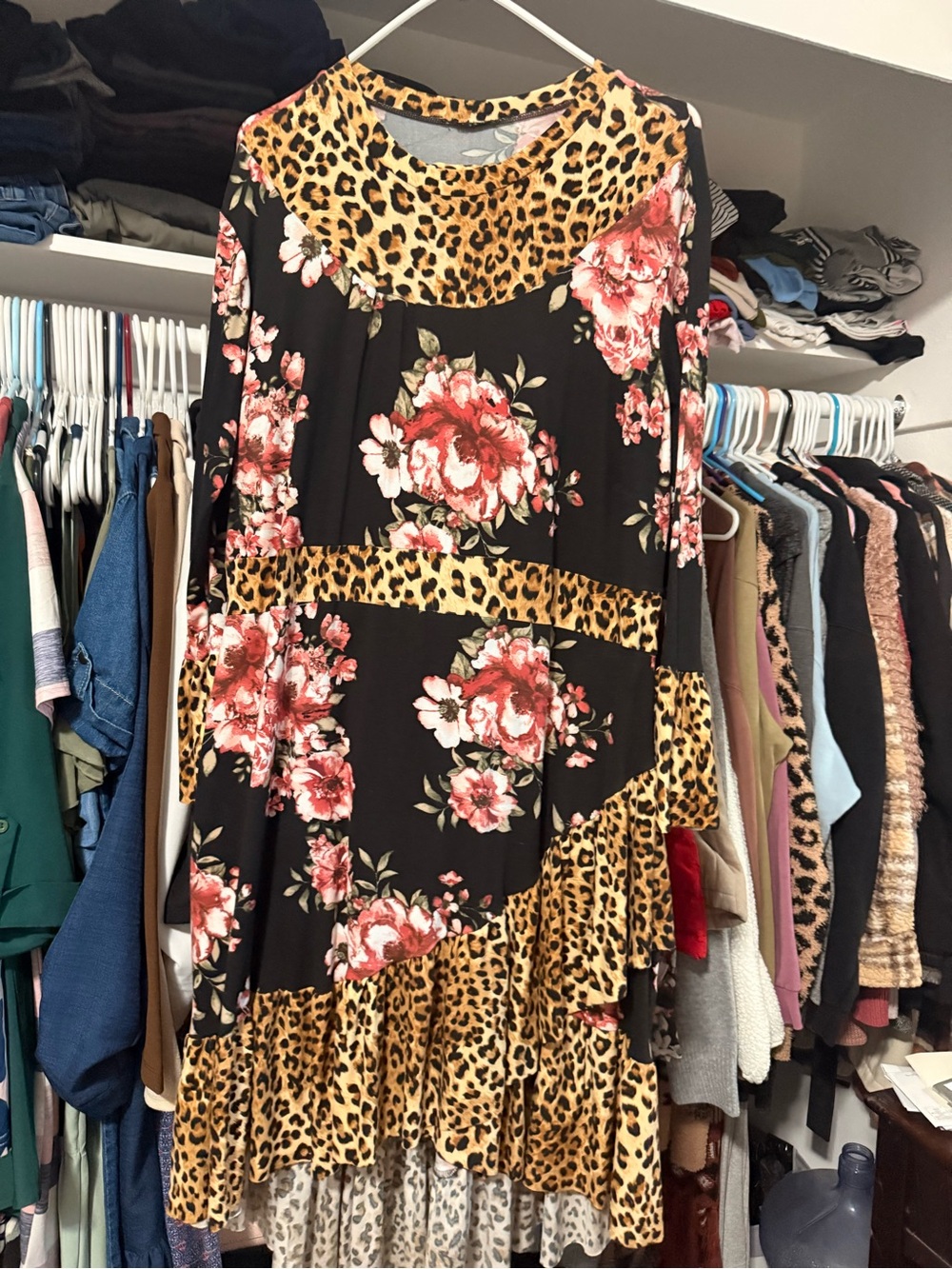 Asymmetrical Black Floral & Leopard-Trim Tiered Skirt